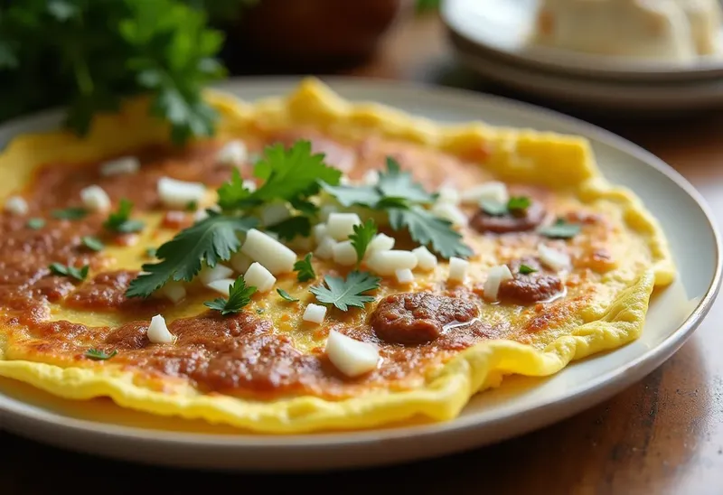 Omelette savoureuse à la viande hachée et au soja