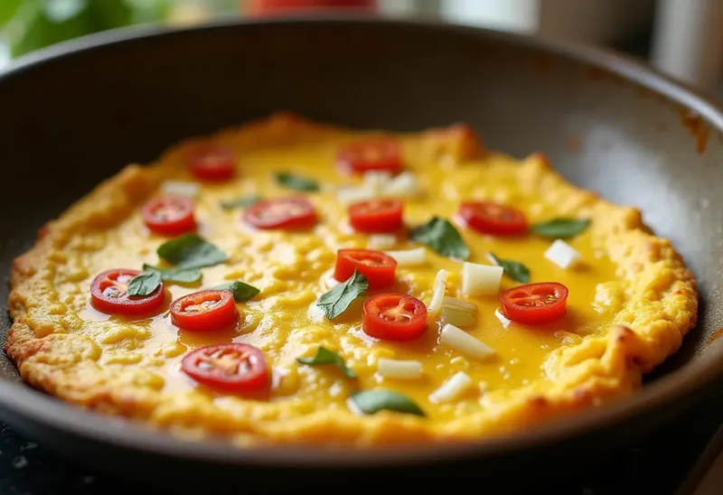Omelette savoureuse aux tomates, poivrons et oignons