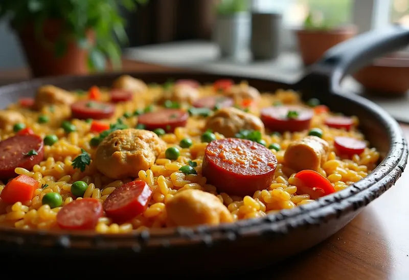 Paella rapide au poulet et chorizo savoureuse pour 1 personne