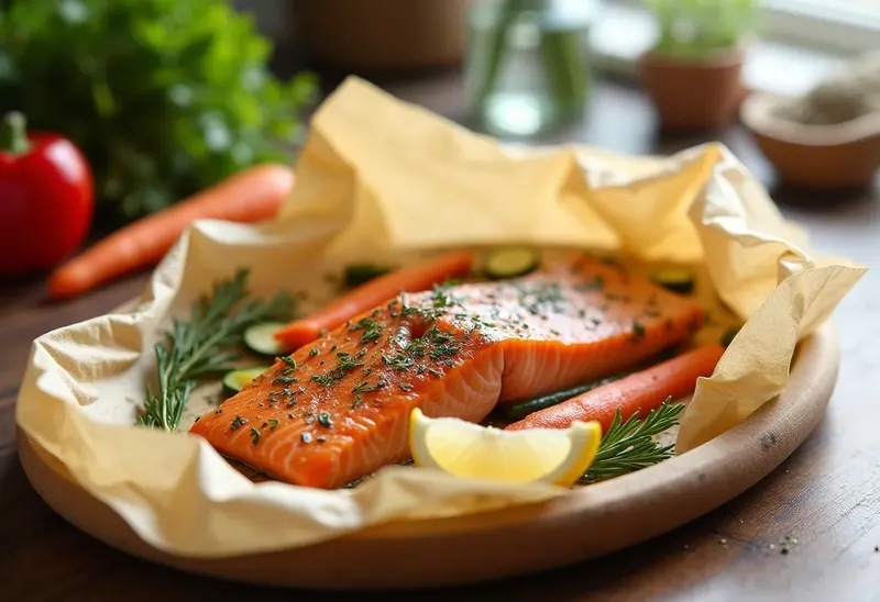 Papillote de saumon aux légumes frais et herbes aromatiques