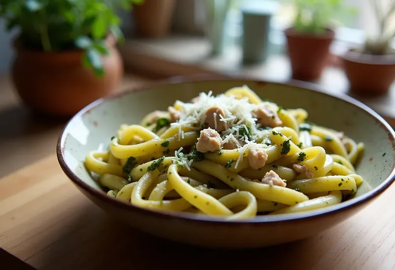 Pâtes au thon et pesto maison : recette rapide et savoureuse