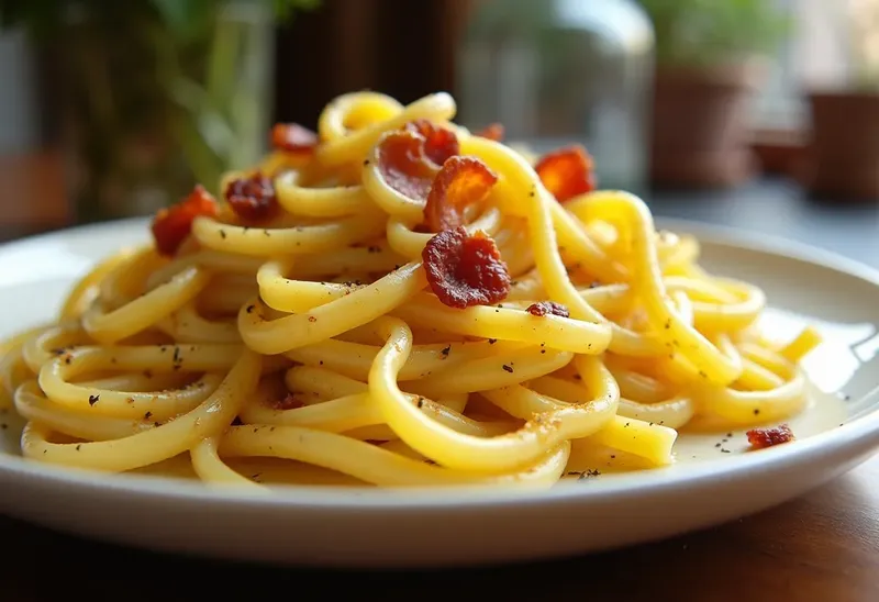 Pâtes crémeuses au safran et lardons dorés