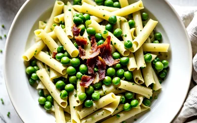 Pâtes crémeuses aux petits pois, poireaux et bacon croustillant - recette facile et rapide