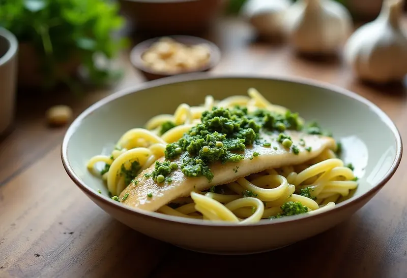 Pâtes fraîches au pesto de roquette et filet de sole délicat