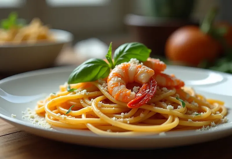 Pâtes fraîches au pistou maison, gambas sautées et parmesan fondant