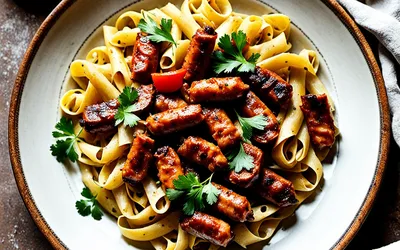 Pâtes fraîches aux merguez grillées et sauce tomate épicée - recette facile et savoureuse