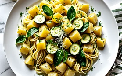 Photo de Recette facile de pâtes aux pommes de terre et courgettes fondantes