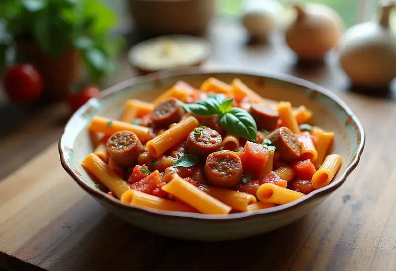Pâtes savoureuses à la chair à saucisse et sauce tomate maison
