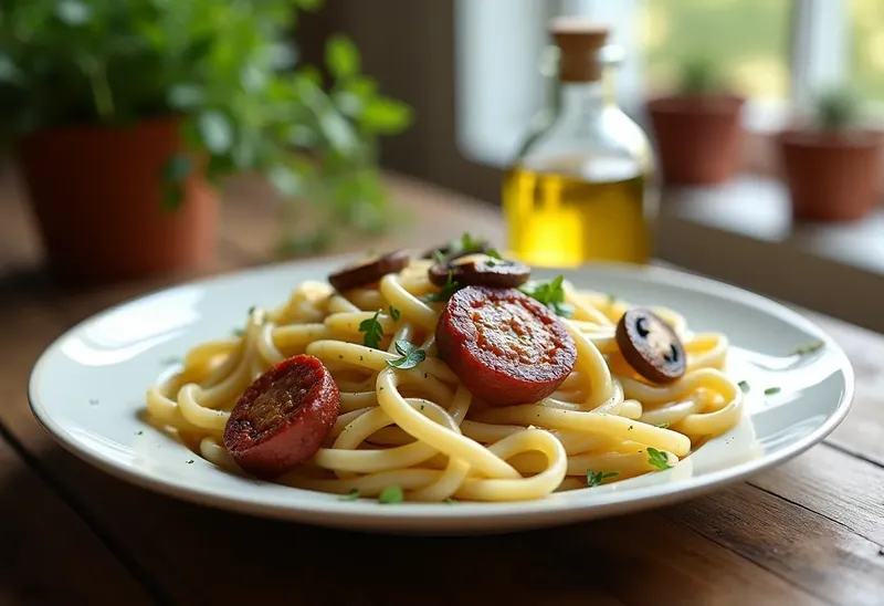 Pâtes savoureuses au saucisson fumé et champignons crémeux