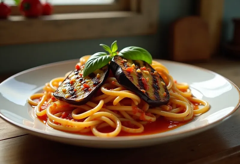 Pâtes savoureuses aux tomates fraîches et aubergines grillées