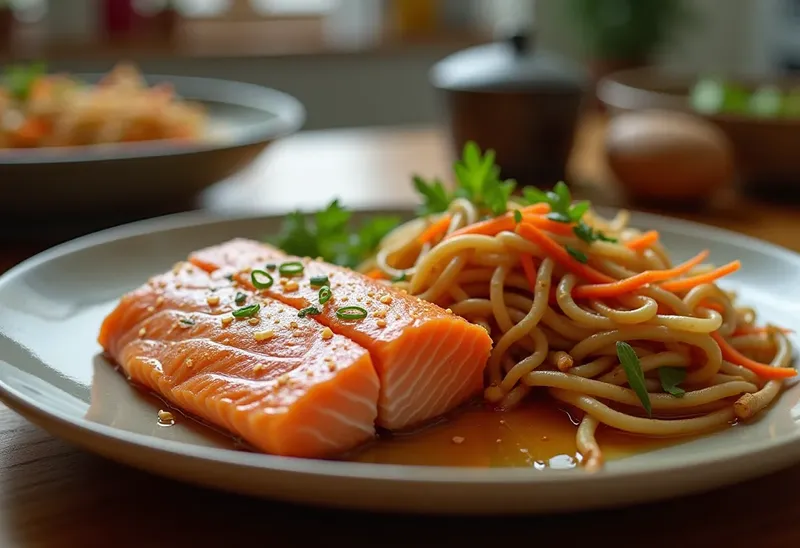 Paupiette de saumon fondante aux nouilles chinoises sautées