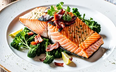 Pavé de saumon rôti à l'ail et lard croustillant – recette facile et rapide
