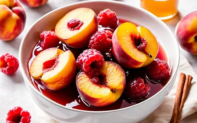 Pêches pochées au vin rouge et gelée de framboise : dessert fruité et raffiné