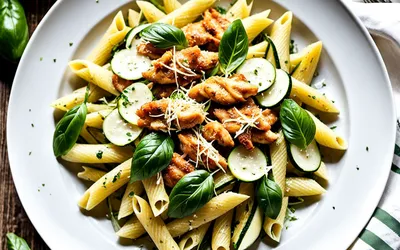 Penne aux rubans de courgettes et poulet croustillant au parmesan - Recette facile et rapide