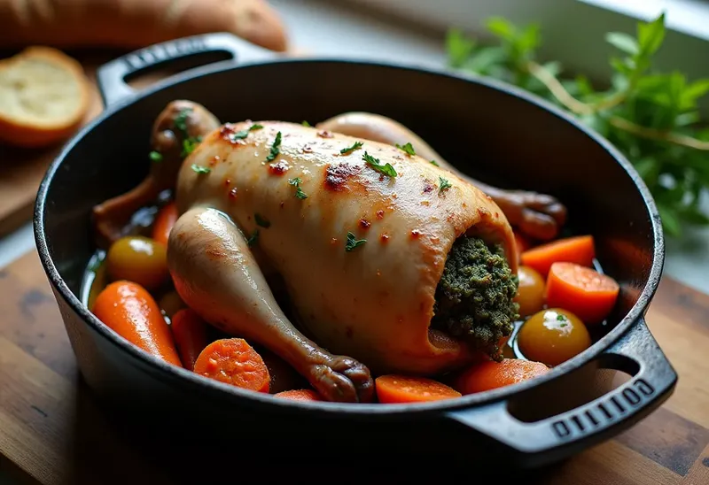Pigeon farci aux herbes et carottes fondantes en cocotte