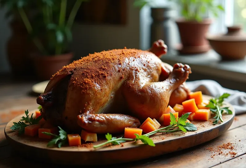 Pigeon rôti aux épices douces et légumes de saison