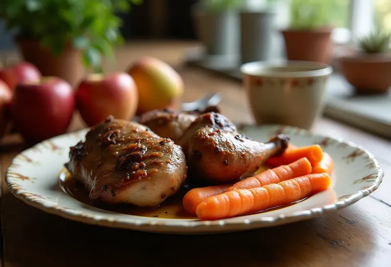 Pigeonneau rôti aux pommes et carottes fondantes
