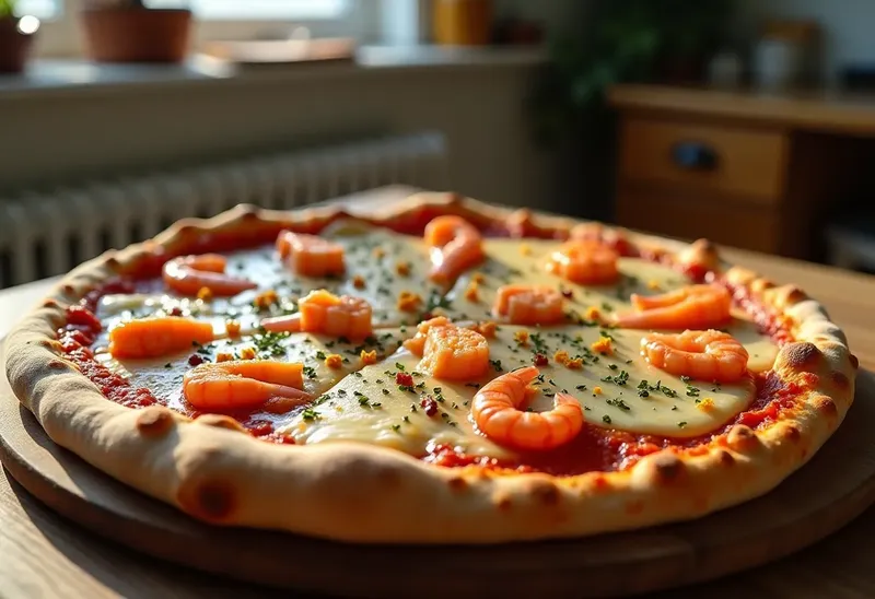 Pizza gourmande au thon et crevettes fraîches