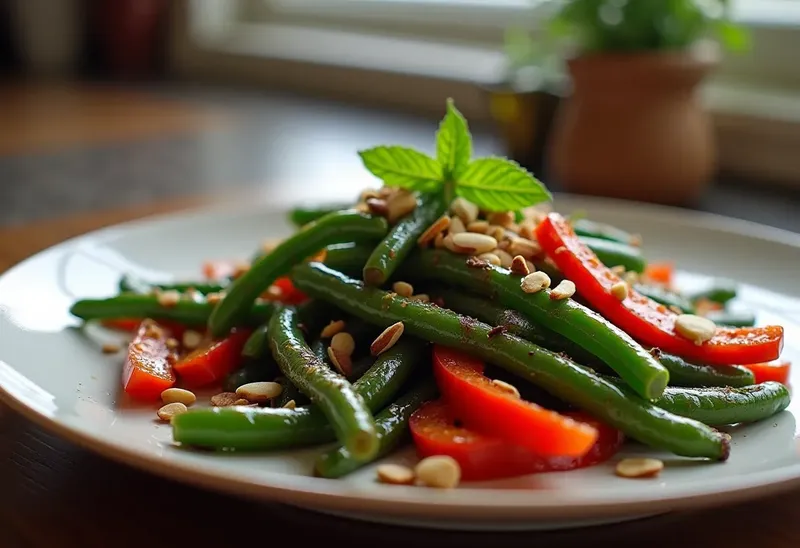 Poêlée de haricots verts et poivrons aux amandes croquantes et menthe fraîche