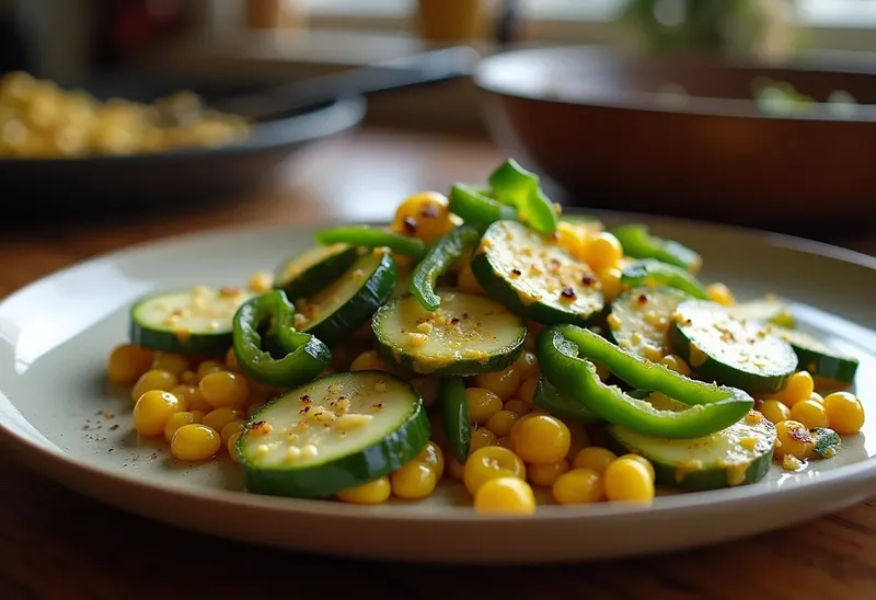 Poêlée savoureuse de courgettes, maïs et poivrons verts