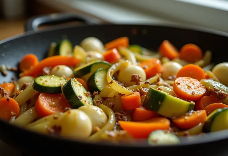 Poêlée savoureuse de poireaux, courgettes, carottes et poivrons