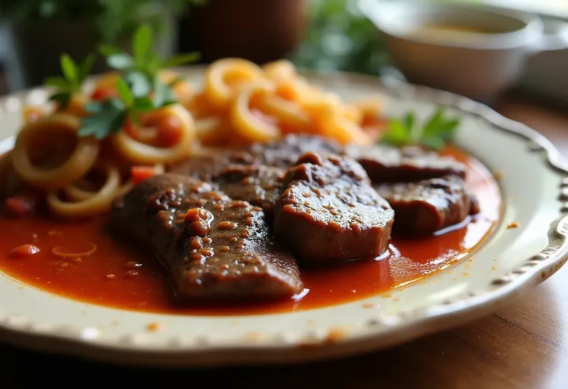 Poitrine d'agneau fondante aux oignons caramélisés et sauce tomate maison