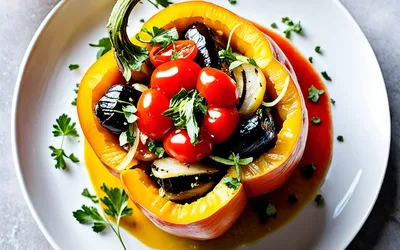 Recette facile de poivron jaune farci à l'aubergine, plat végétarien savoureux