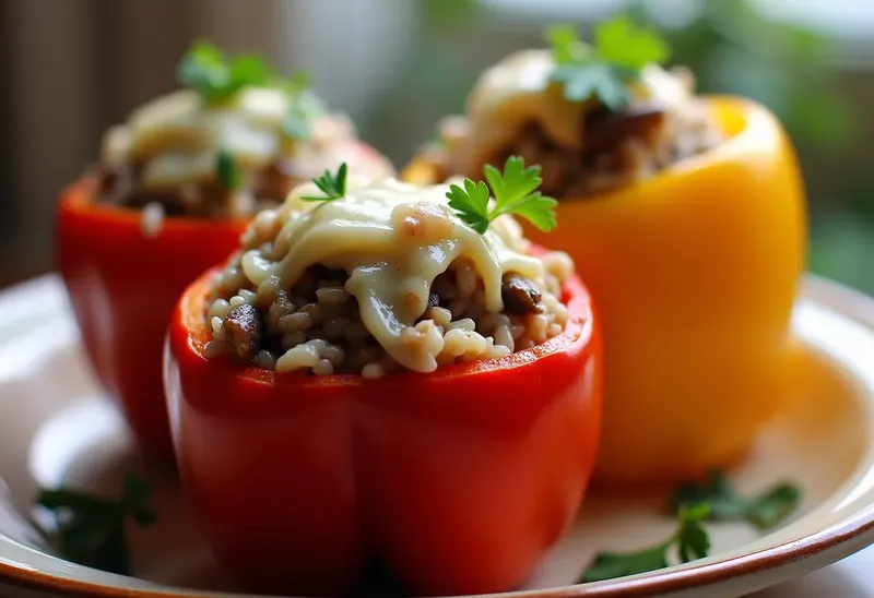 Poivrons farcis au riz complet et champignons savoureux