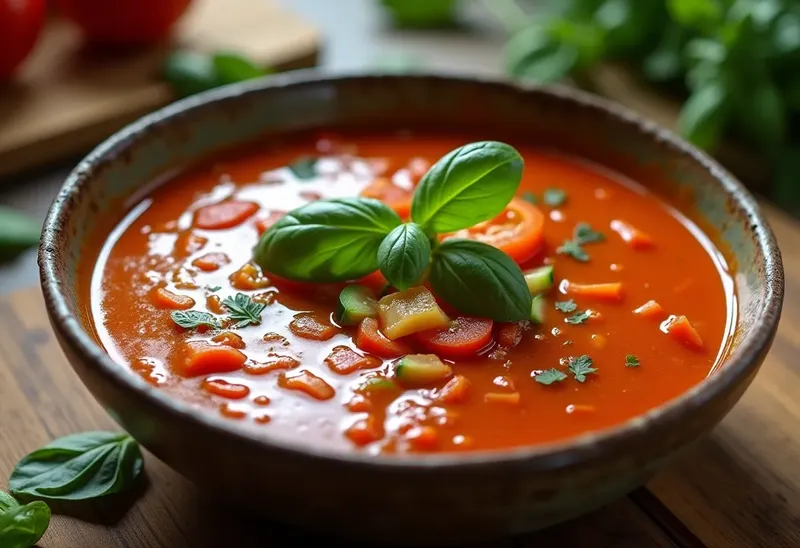Potage d'été frais à la tomate et basilic