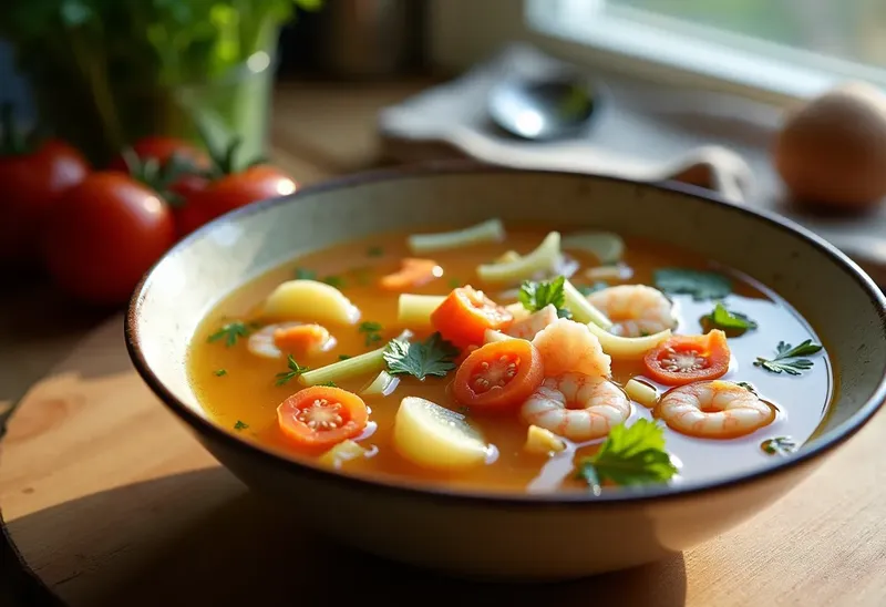 Potage gourmand aux légumes frais et crustacés