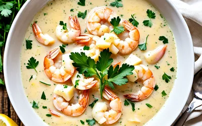 Potage portugais crémeux aux crevettes : recette facile et savoureuse