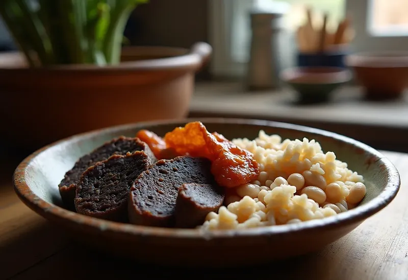 Potaje espagnol traditionnel au boudin, couenne, haricots et riz