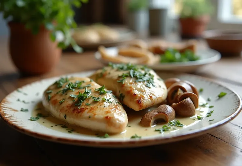 Poulet à la crème onctueuse et fricassée de girolles savoureuse