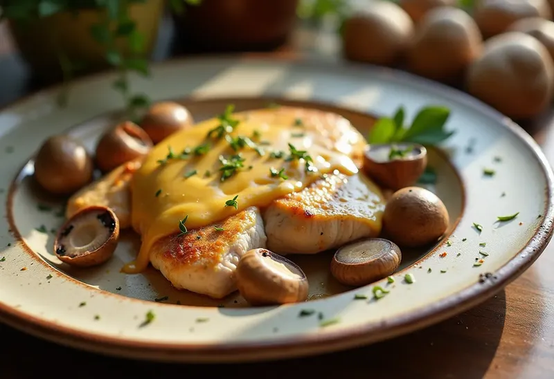 Poulet du Jura fondant au comté et champignons