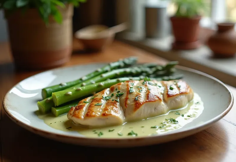 Poulet en sauce crémeuse aux asperges vertes