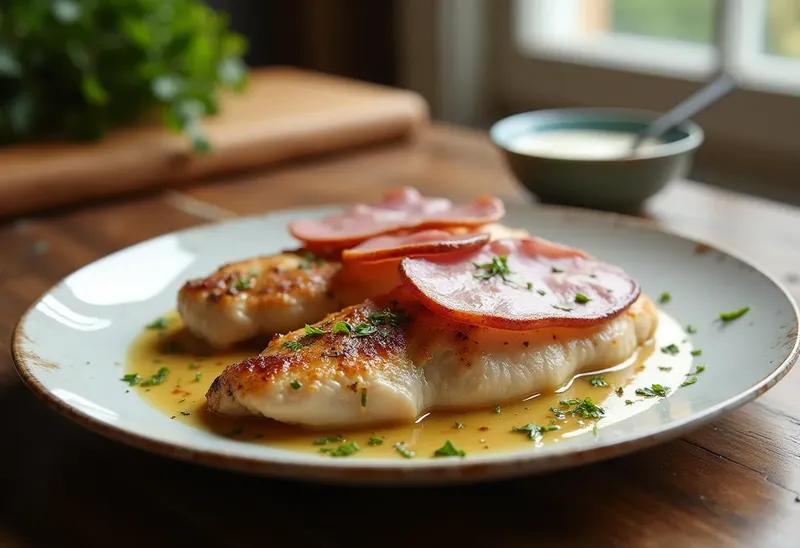 Poulet fondant au jambon et sauce au vin blanc