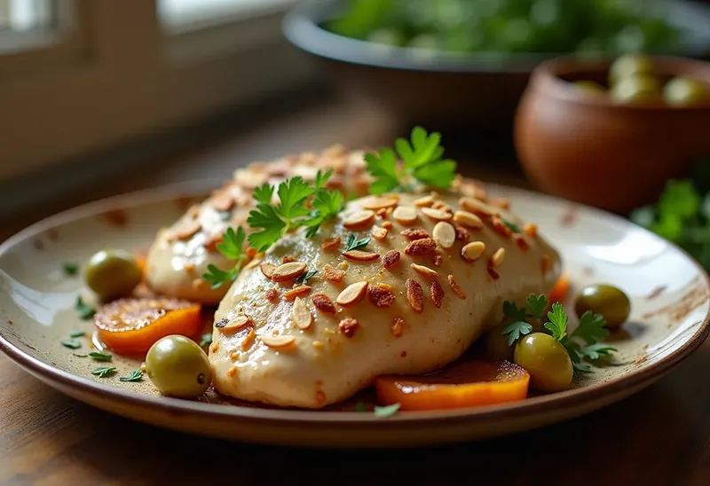 Poulet fondant aux amandes croquantes et olives savoureuses