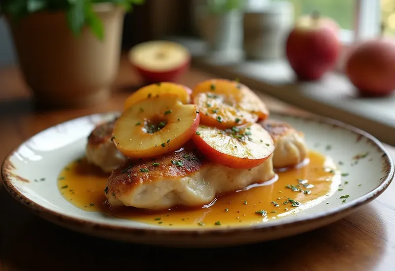 Poulet fondant aux pommes caramélisées et sauce au cidre