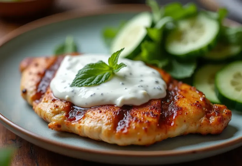 Poulet mariné au yaourt et salade fraîche de concombre