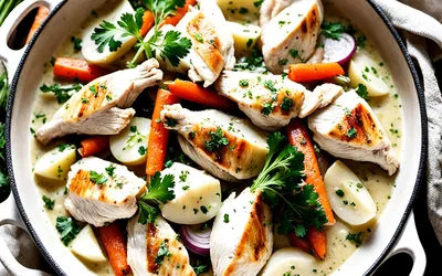 Recette facile de poulet mijoté au pot avec sauce blanche onctueuse
