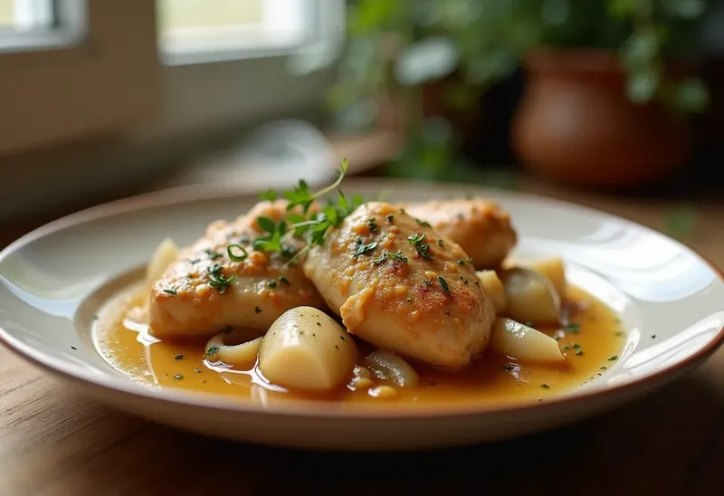 Poulet mijoté au vin blanc et oignons fondants : recette savoureuse et facile