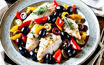 Poulet mijoté aux olives noires et poivrons colorés - Recette facile et savoureuse