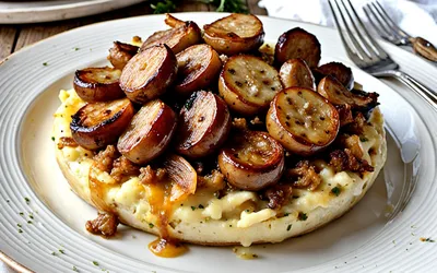 Photo de Purée gratinée aux oignons caramélisés et saucisses grillées - recette facile et gourmande