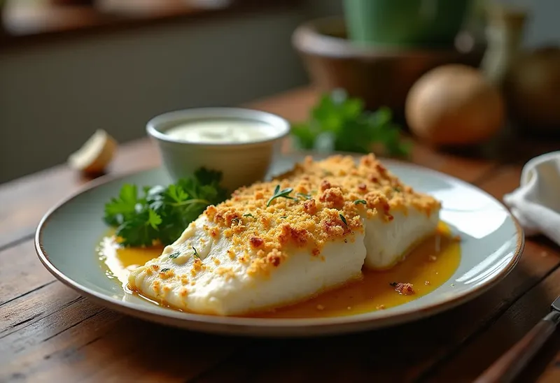 Queue de cabillaud gratinée au four, sauce crémeuse et chapelure dorée