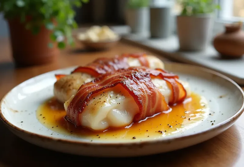 Queue de lotte enroulée de lard croustillant, sauce au vin blanc