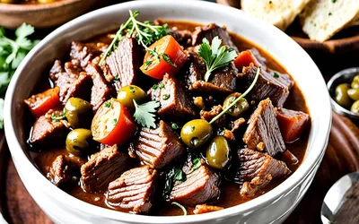 Ragoût de bœuf aux olives vertes et raisins secs - Recette mijotée savoureuse