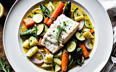 Ragoût de colin aux légumes en brunoise avec sauce au vin blanc et curry