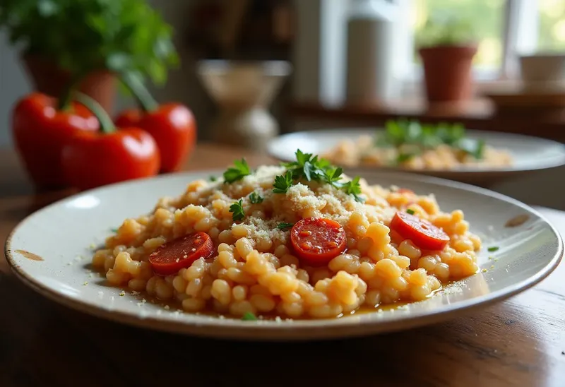 Risotto à l'espagnole savoureux aux poivrons et chorizo