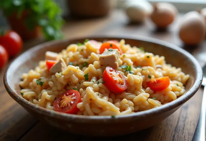 Risotto crémeux au poulet et tomates fraîches