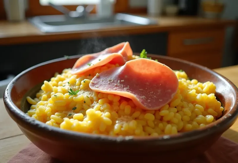 Risotto crémeux au safran et mortadelle fondante
